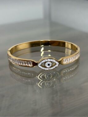Gold Filled Evil Eye Crystal Bangle Bracelet - Women's Jewelry